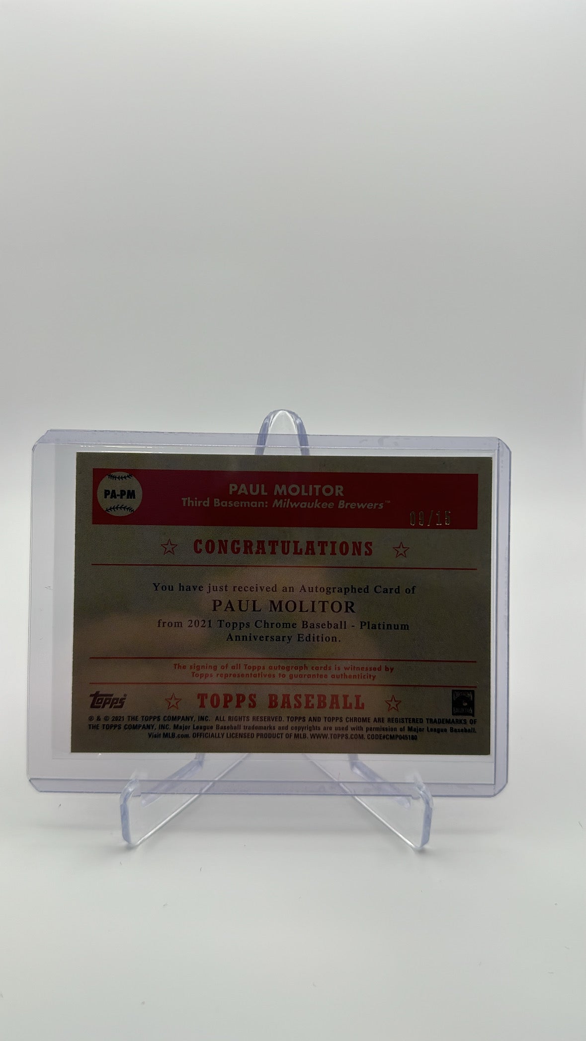 2021 Topps Chrome Baseball Platinum Anniversary - Paul Molitor PA-PM  - Pink Auto /15
