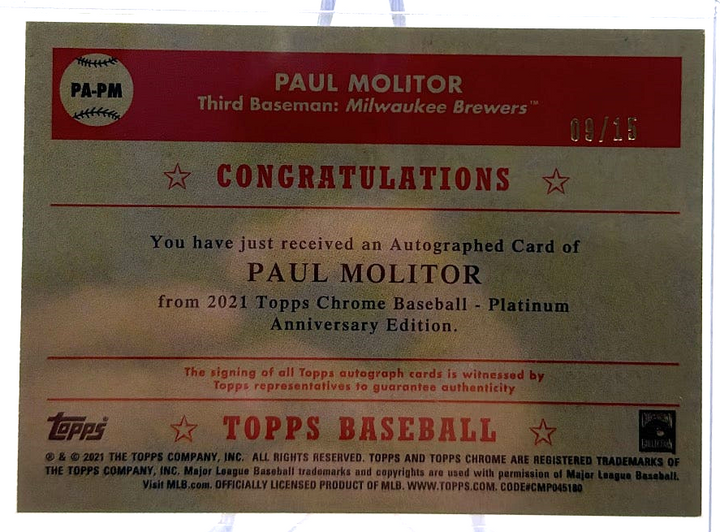 2021 Topps Chrome Baseball Platinum Anniversary - Paul Molitor PA-PM  - Pink Auto /15