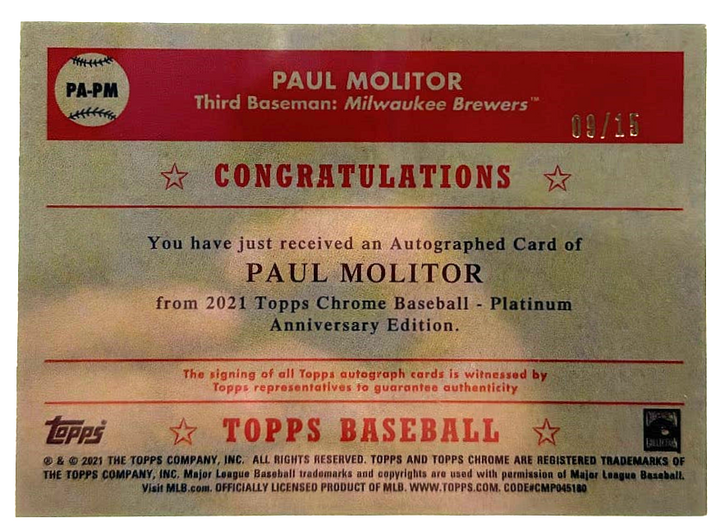 2021 Topps Chrome Baseball Platinum Anniversary - Paul Molitor PA-PM  - Pink Auto /15