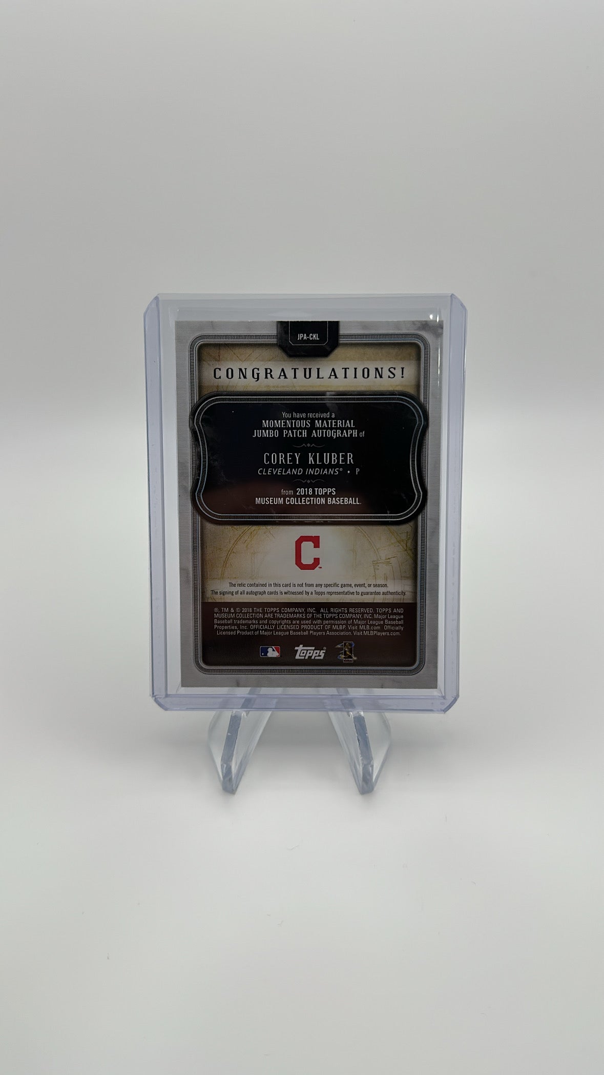 2018 Topps Museum Collection Baseball - Corey Kluber JPA-CKL - Momentous Material Jumbo Patch Autograph /5