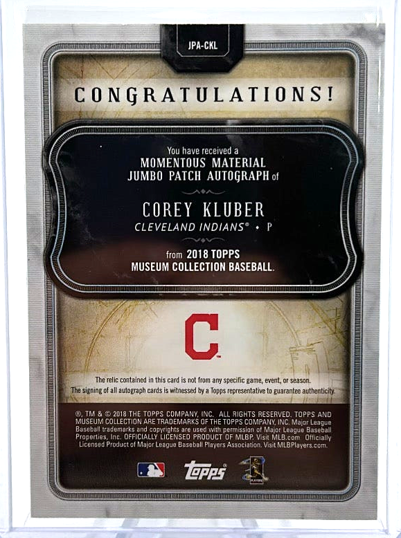 2018 Topps Museum Collection Baseball - Corey Kluber JPA-CKL - Momentous Material Jumbo Patch Autograph /5