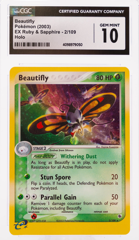 Beautifly 2/109 EX Ruby & Sapphire Holo - 2003 Pokemon - CGC 10 Cash Cards Unlimited Beautifly 2/109 EX Ruby & Sapphire Holo - 2003 Pokemon - CGC 10 Cash Cards Unlimited