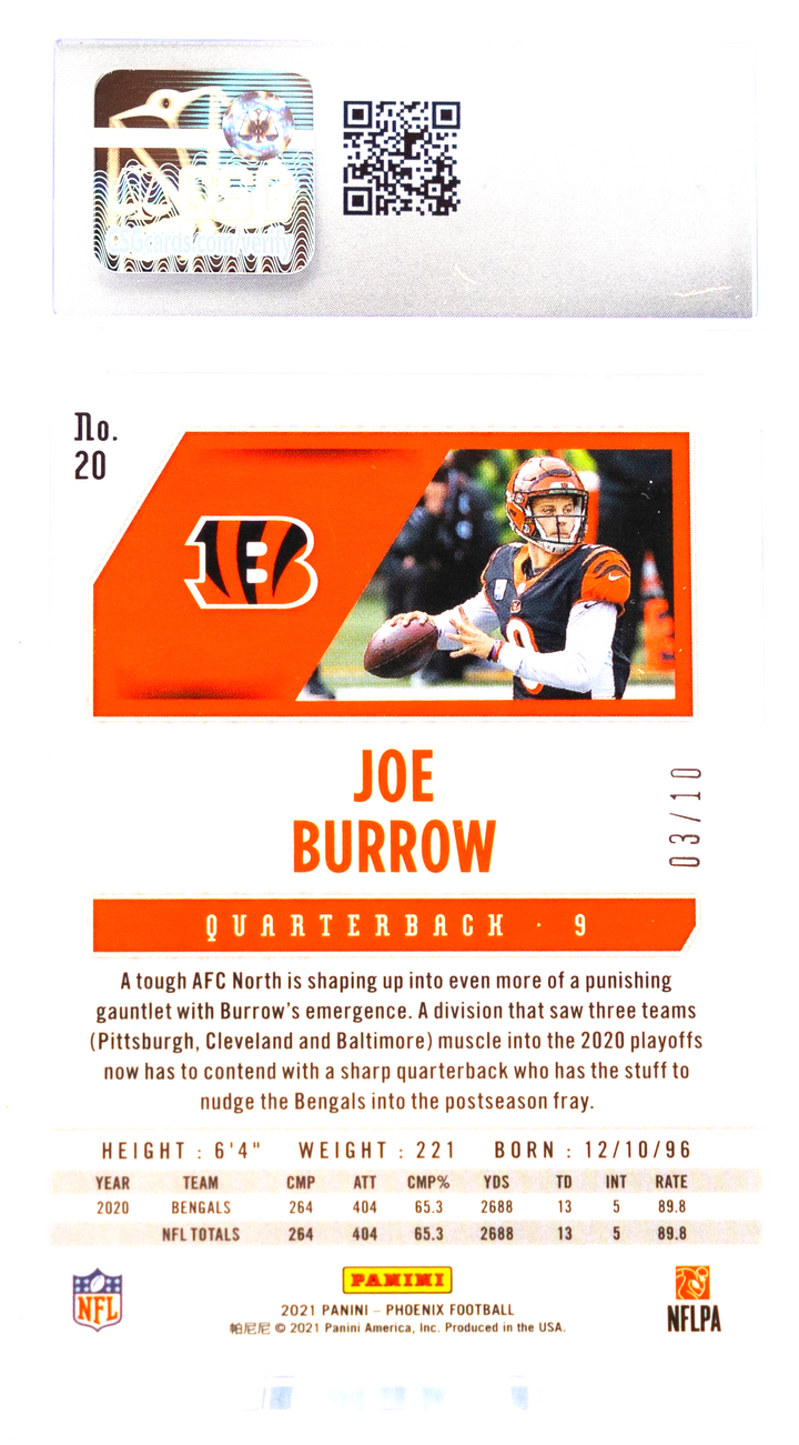 2021 Panini Phoenix - Joe Burrow 20 - Black /10 CSG 10