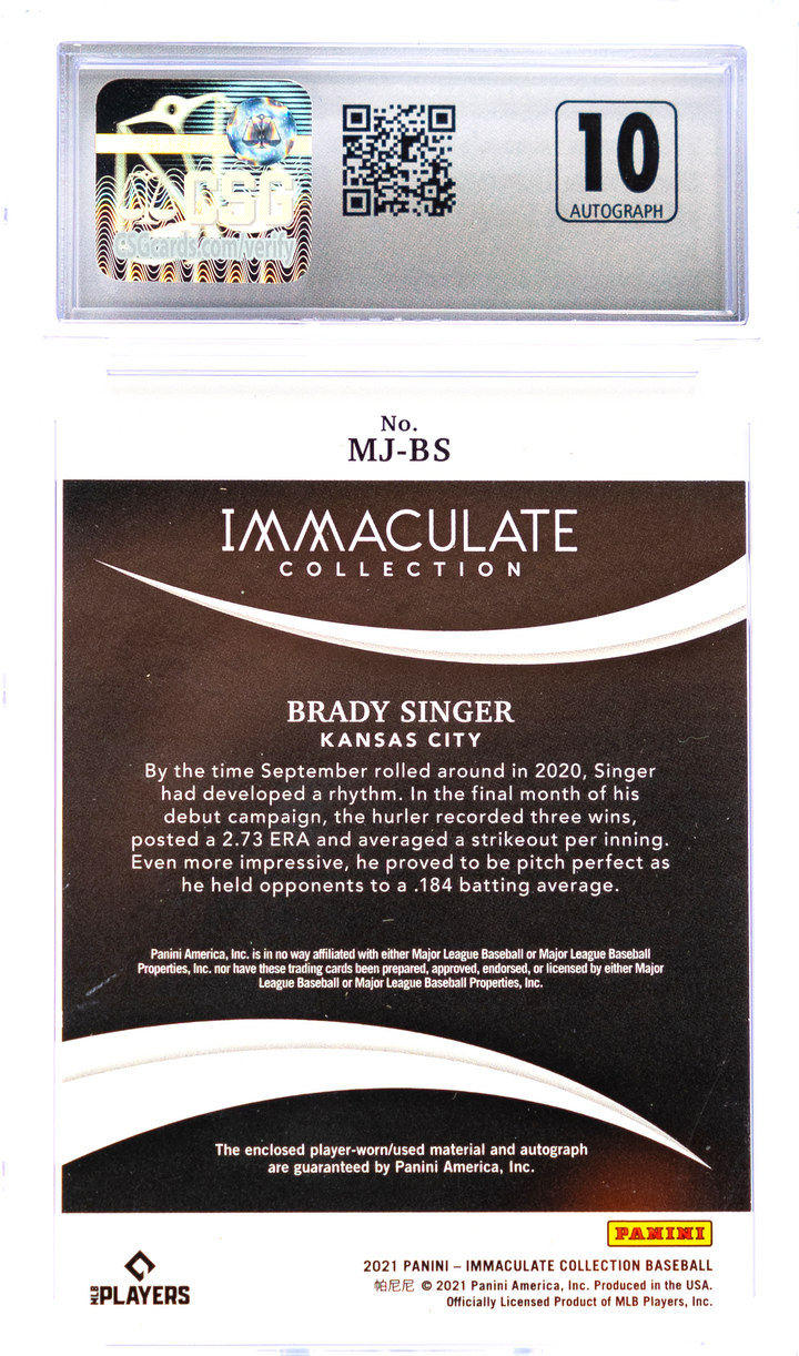 2021 Panini Immaculate Collection - Brady Singer MJ-BS - Monochrome Jersey /44 - CSG CGC 9.5 / 10