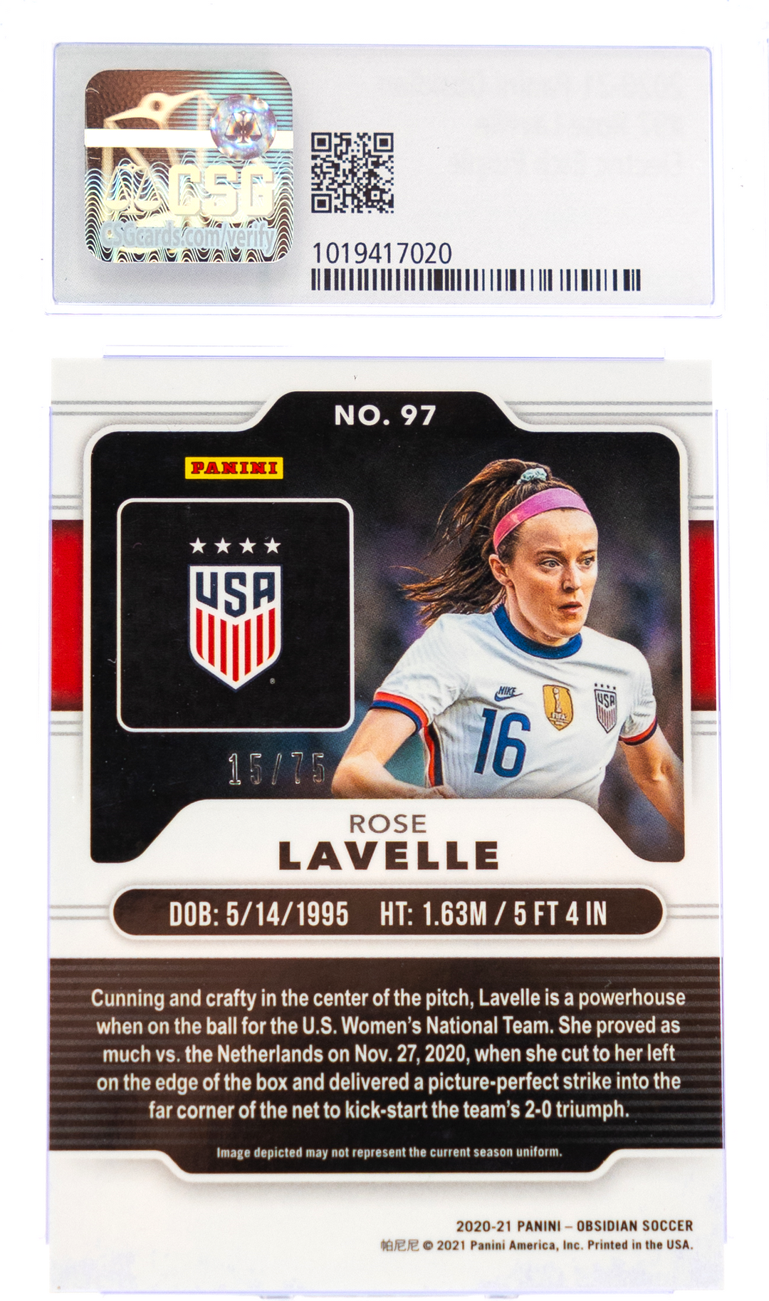 2020-21 Panini Obsidian - Rose Lavelle 97 - Etch Purple /75 - CSG 9