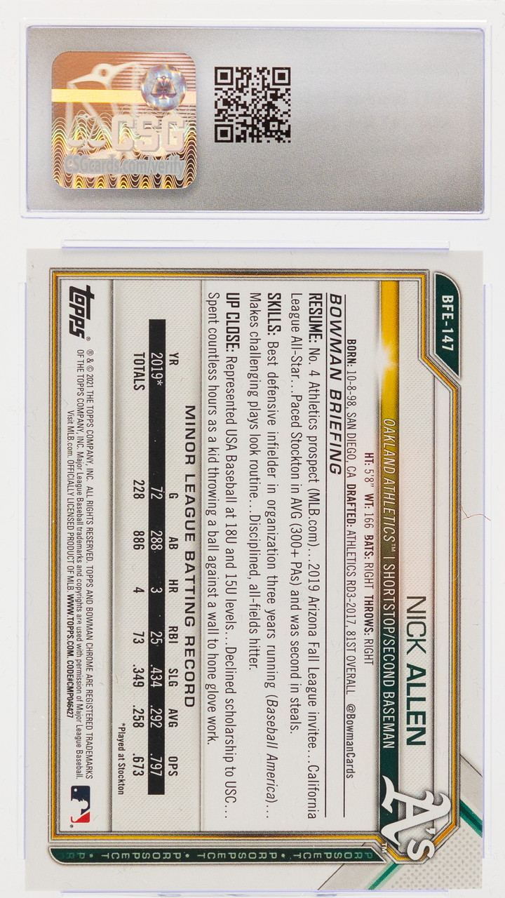 2021 Bowman 1st Edition - Nick Allen BFE-147 - Yellow Foil /75 - CSG CGC 9.5