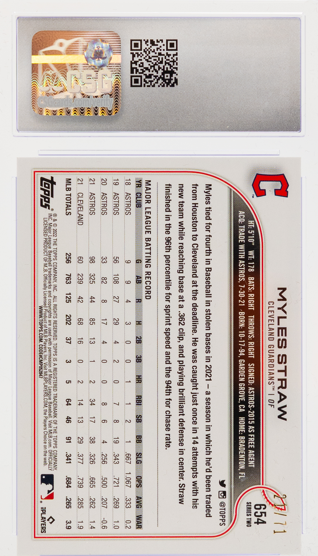 2022 Topps - Myles Straw 654 - Black /71 - CSG CCG 9