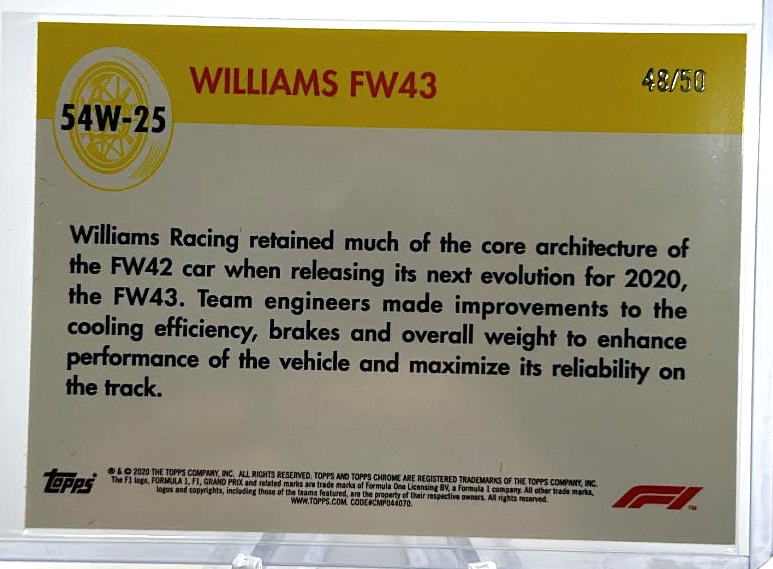 2020 Topps Chrome F1 - Williams FW43 54W-25 - Gold /50