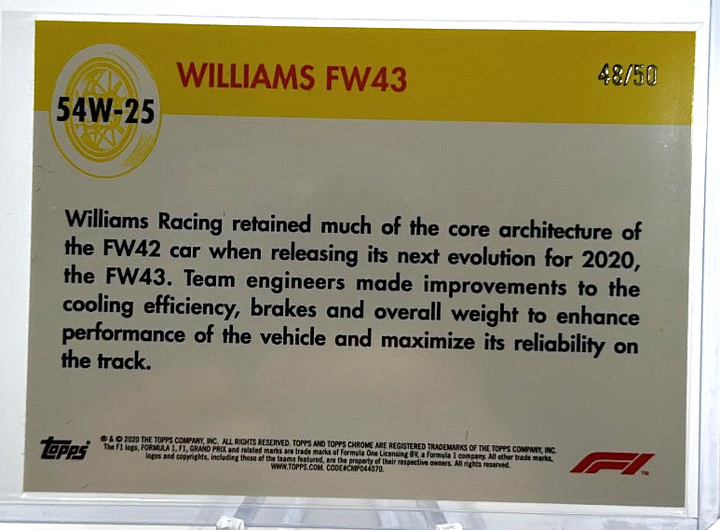 2020 Topps Chrome F1 - Williams FW43 54W-25 - Gold /50