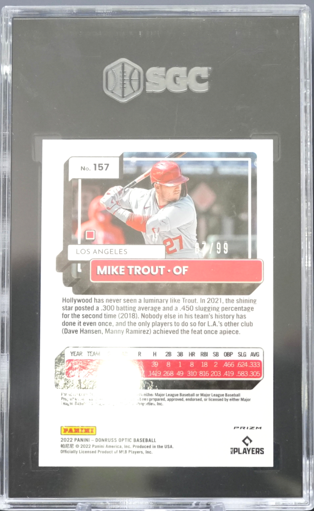 2022 Panini Donruss Optic - Mike Trout 157 - Red Pandora Prizm /99 - SGC 9.5