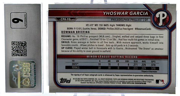 2022 Bowman Chrome - Yhoswar Garcia CPA-YG - Atomic Refractor /100 - CSG CGC 10 / 10