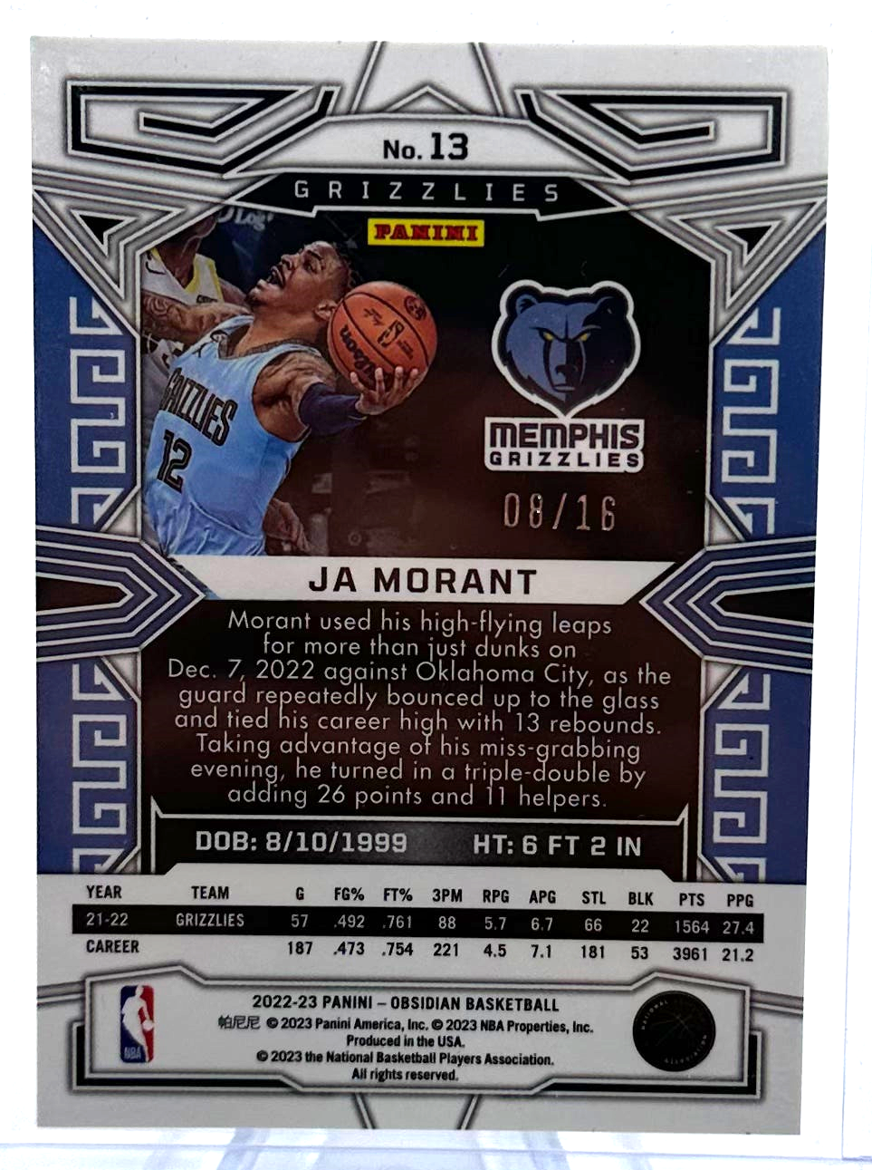 2022-23 Obsidian Basketball -  Ja Morant 13 - Blue /16