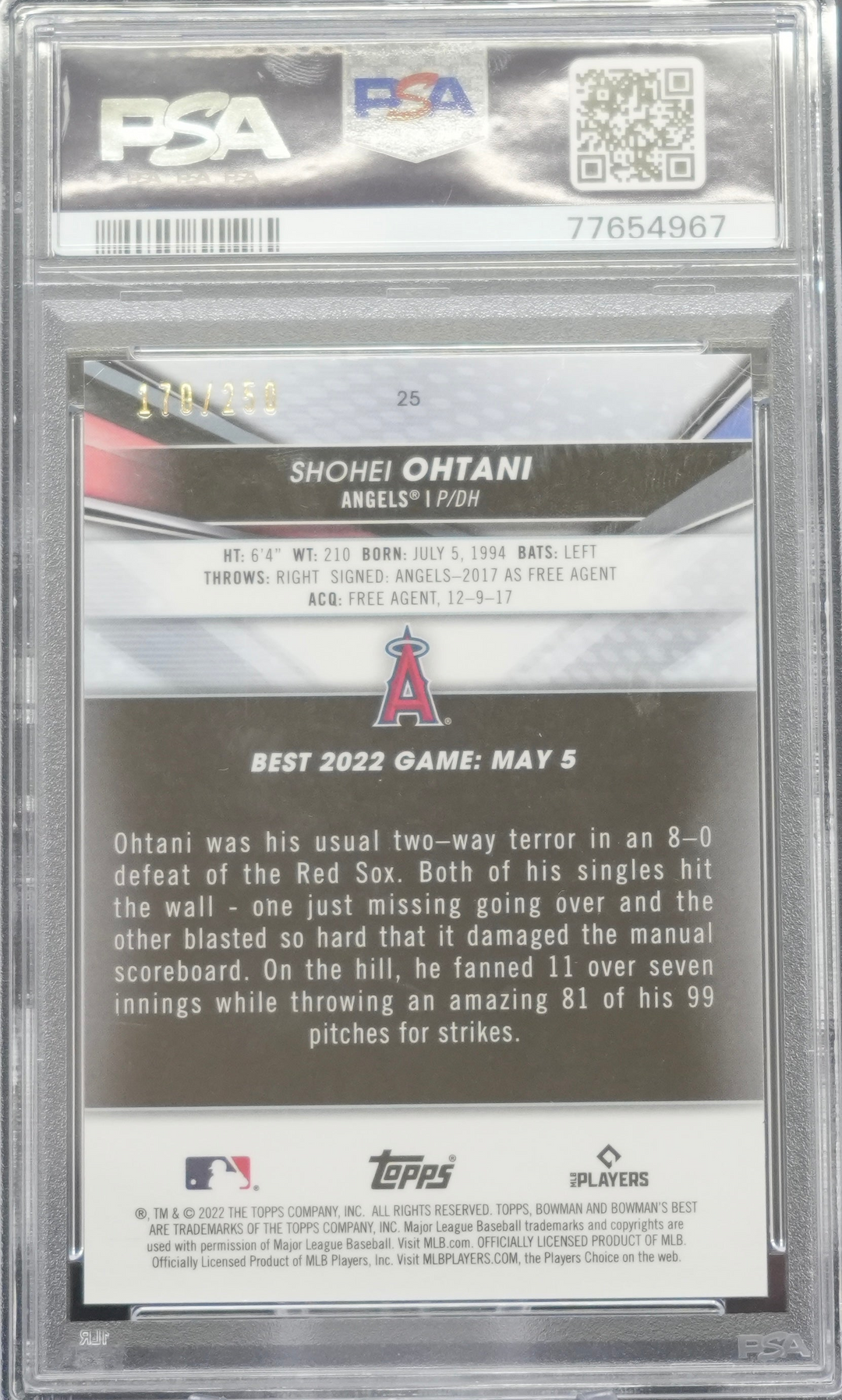 2022 Topps Bowman Best - Shohei Ohtani 25 - Purple Refractor /250 - PSA 10