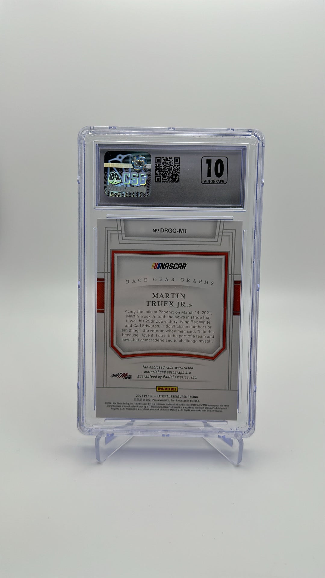 2021 Panini National Treasures - Martin Truex Jr. DRGG-MT - Dual Race Gear Graphs Autos /25 - CSG CGC 10 / 10