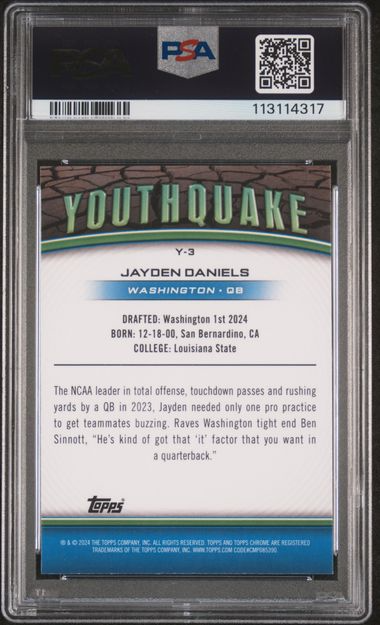 2024 Topps Chrome Football - Jayden Daniels #Y3 - Youthquake Insert - Lazer Refractor - PSA 10