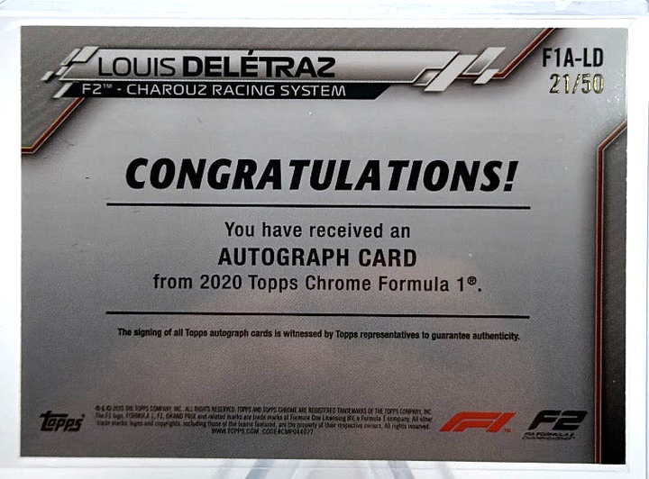 2020 Topps Chrome F1 - Louis Deletraz F1A-LD - Gold Wave Auto /50