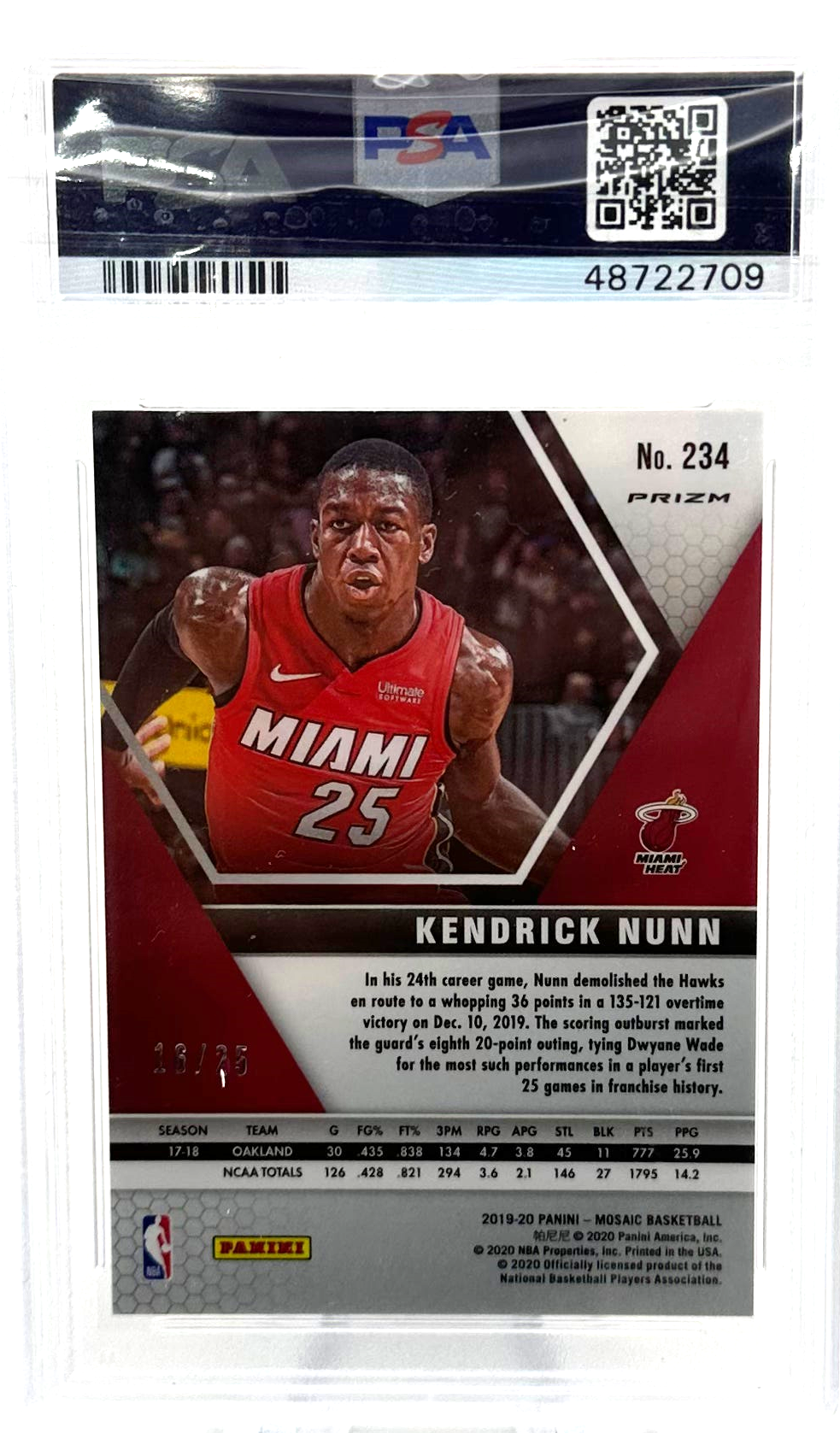 2019 Panini Mosaic - Kendrick Nunn 234 - Orange Fluorescent /25 - PSA 10