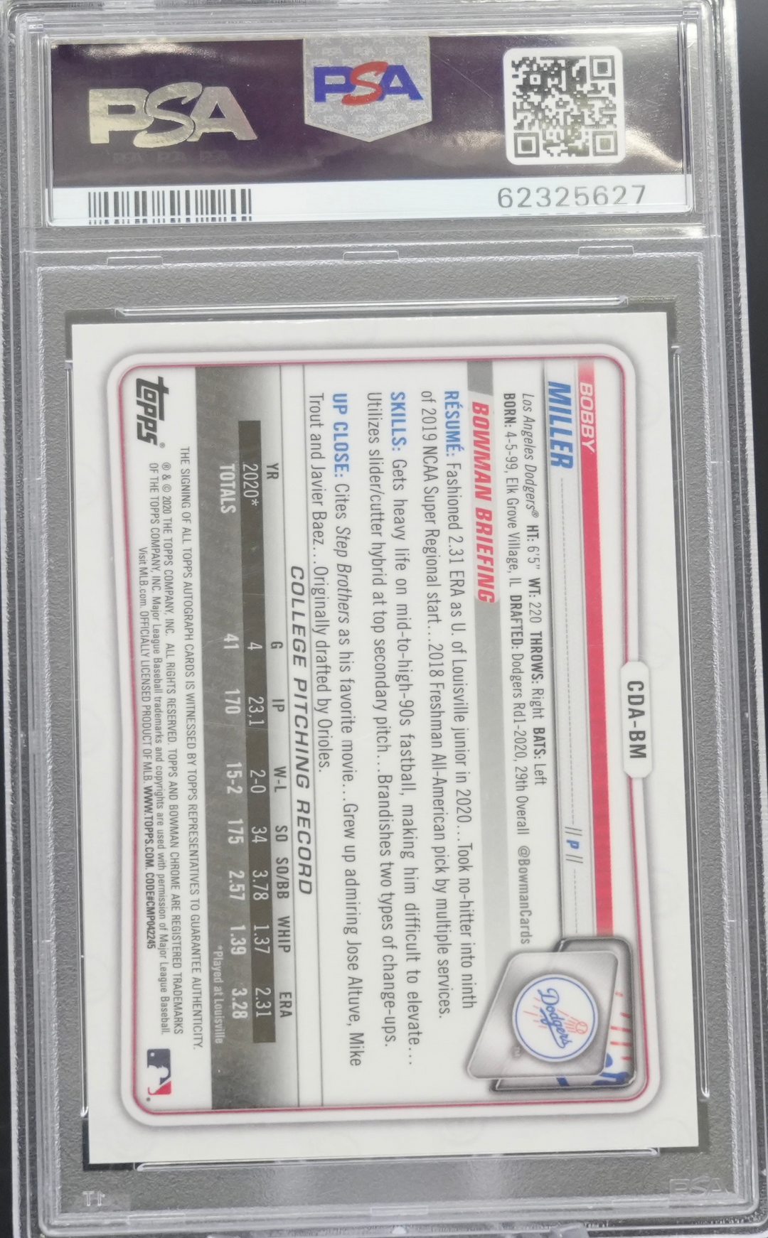 2020 Topps Bowman Draft - Bobby Miller CDA-BM - Purple Refractor /250 - PSA 9