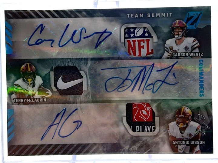 2022 Panini Zenith Football - Carson Wentz - Terry Mclaurin - Antonio Gibson TSA-CTA - Platinum 1/1 Triple Auto Patch