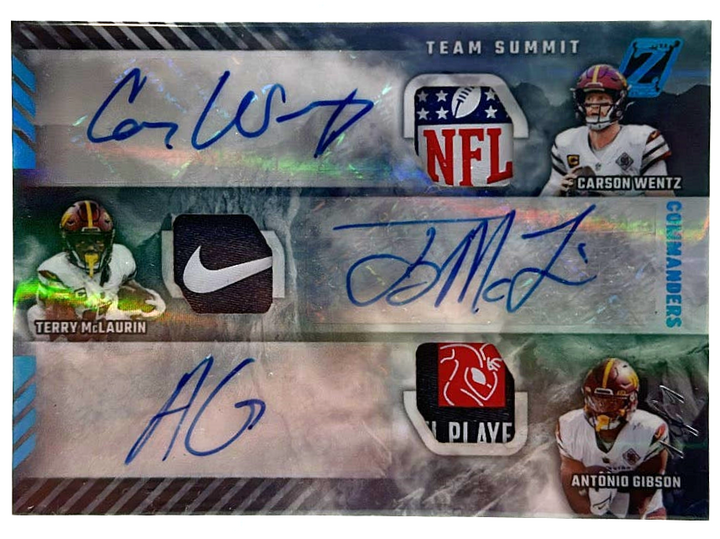 2022 Panini Zenith Football - Carson Wentz - Terry Mclaurin - Antonio Gibson TSA-CTA - Platinum 1/1 Triple Auto Patch