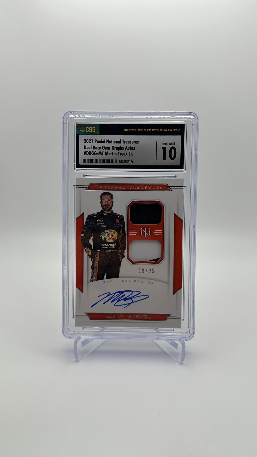 2021 Panini National Treasures - Martin Truex Jr. DRGG-MT - Dual Race Gear Graphs Autos /25 - CSG CGC 10 / 10