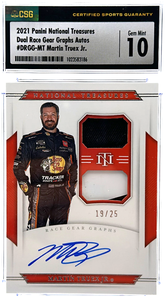 2021 Panini National Treasures - Martin Truex Jr. DRGG-MT - Dual Race Gear Graphs Autos /25 - CSG CGC 10 / 10