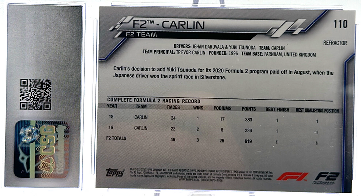 2020 Topps Chrome Formula 1 - F2- Carlin 110 - Refractor - CSG CGC 9.5