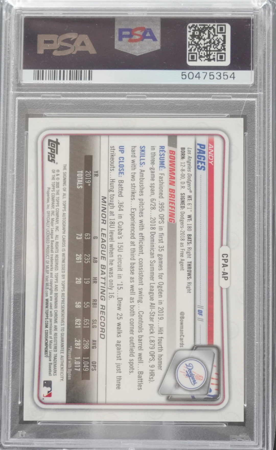 2020 Topps Bowman - Andy Pages CPAAP - 1st Bowman Prospect Auto - PSA 9