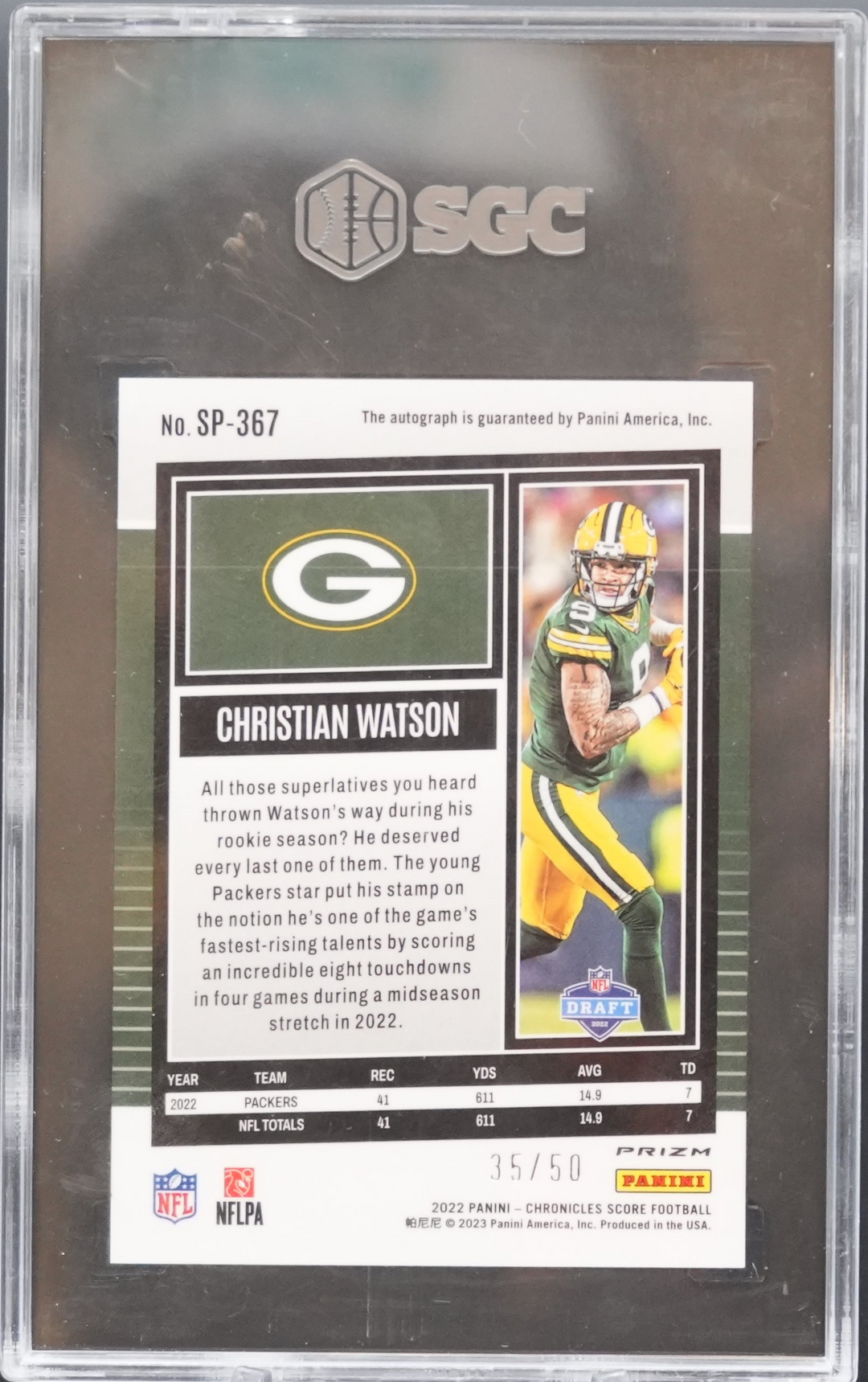 2022 Panini Chronicles - Christian Watson SP-367 - Gold Zone /50 - SGC 9.5 / 10