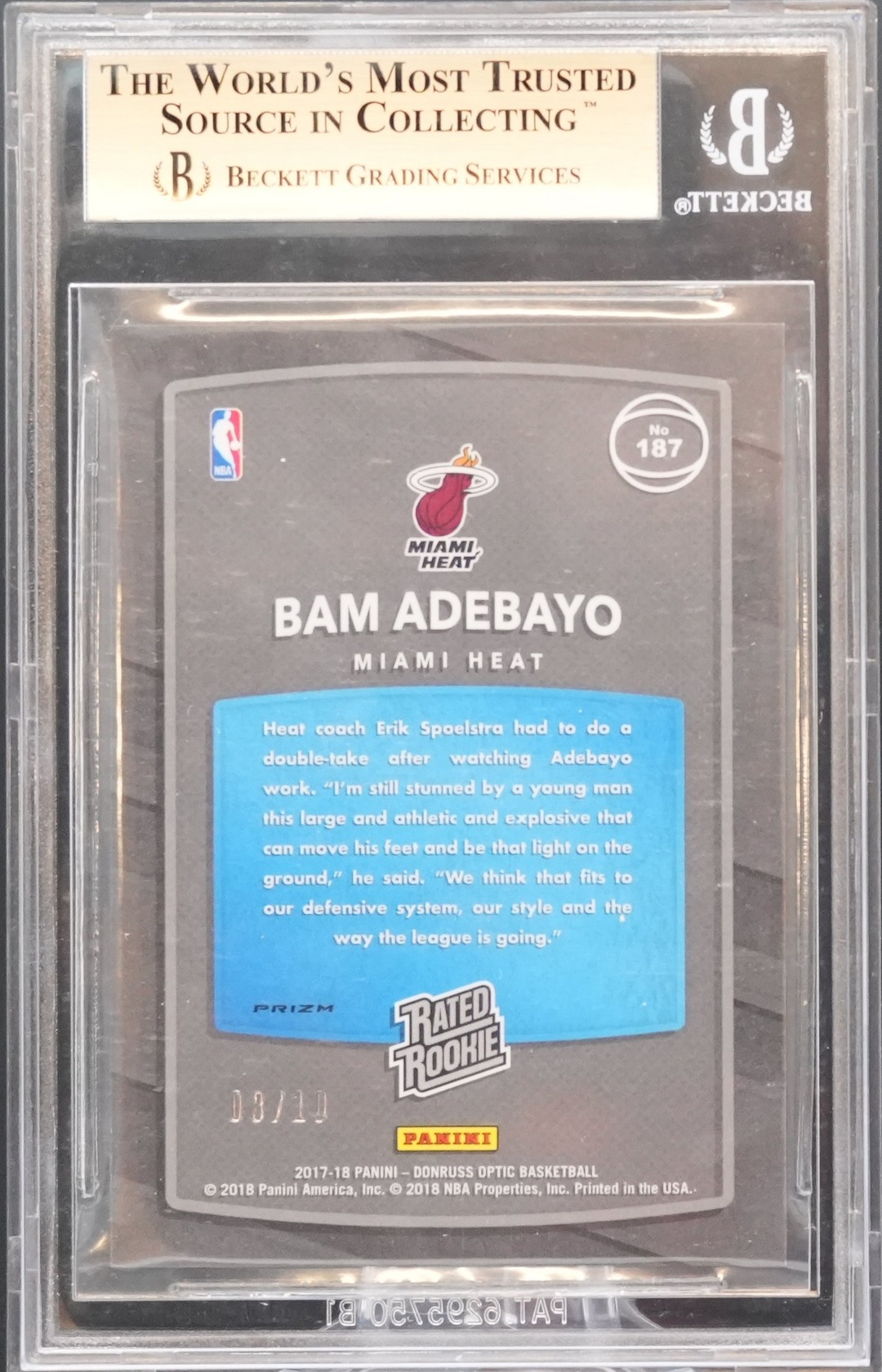 2017 Panini Donruss Optic Basketball - Bam Adebayo 187 - Fast Break Gold /10 - BGS 9.5