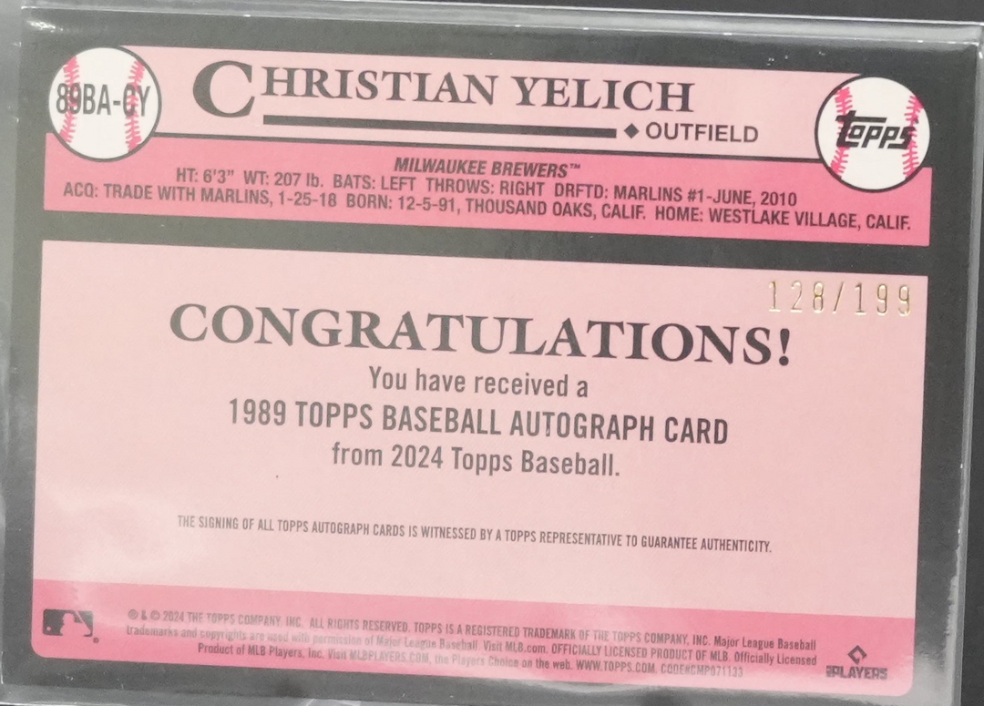 2024 Topps Baseball - Christian Yelich 89BA-CY - 1989 Black Auto /199