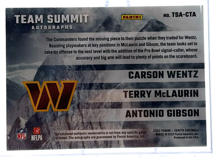 2022 Panini Zenith Football - Carson Wentz - Terry Mclaurin - Antonio Gibson TSA-CTA - Platinum 1/1 Triple Auto Patch