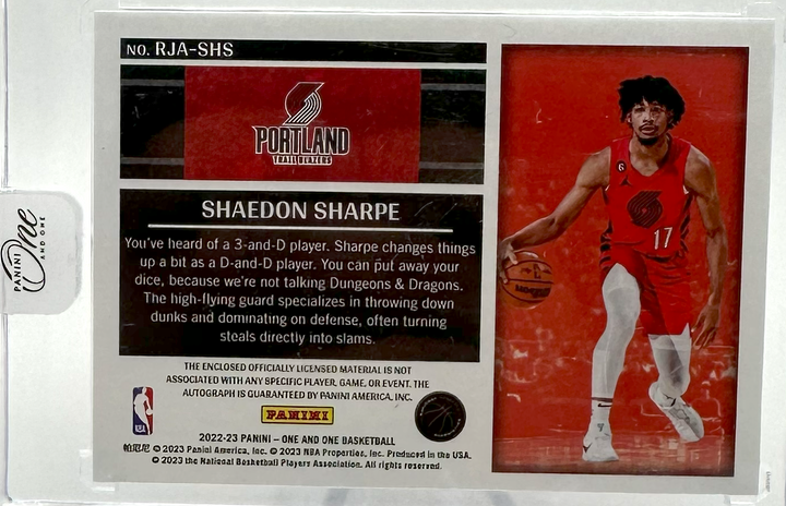 2022-23 Panini One and One Basketball- Shaedon Sharpe RJA-SHS - RPA /99