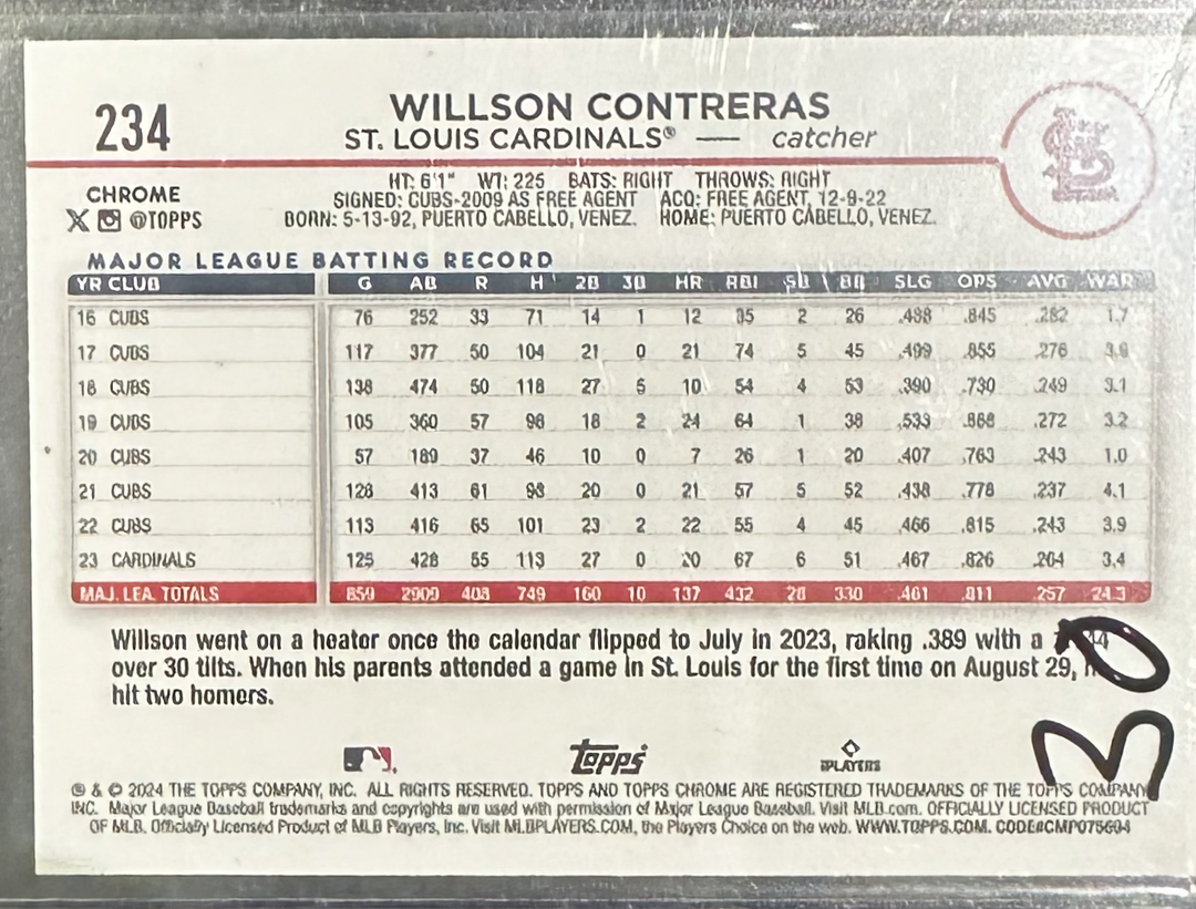 2024 Topps Chrome Baseball - Willson Contreras 234 - Orange /25