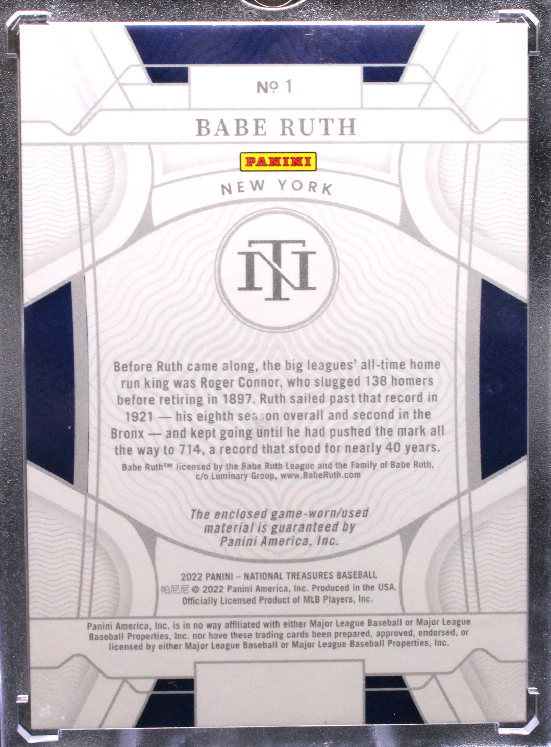 2022 Panini National Treasures Baseball - Babe Ruth 1 - Platinum Mem 1/1