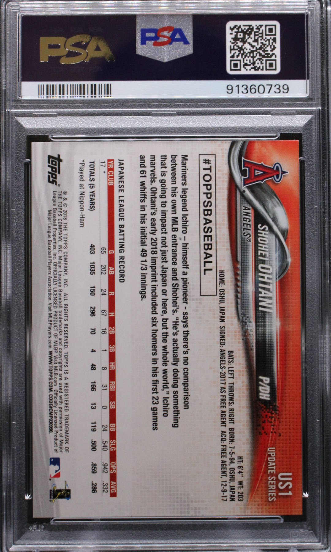 2018 Topps Update - Shohei Ohtani US1 - Pitching In Red Jersey - PSA 9