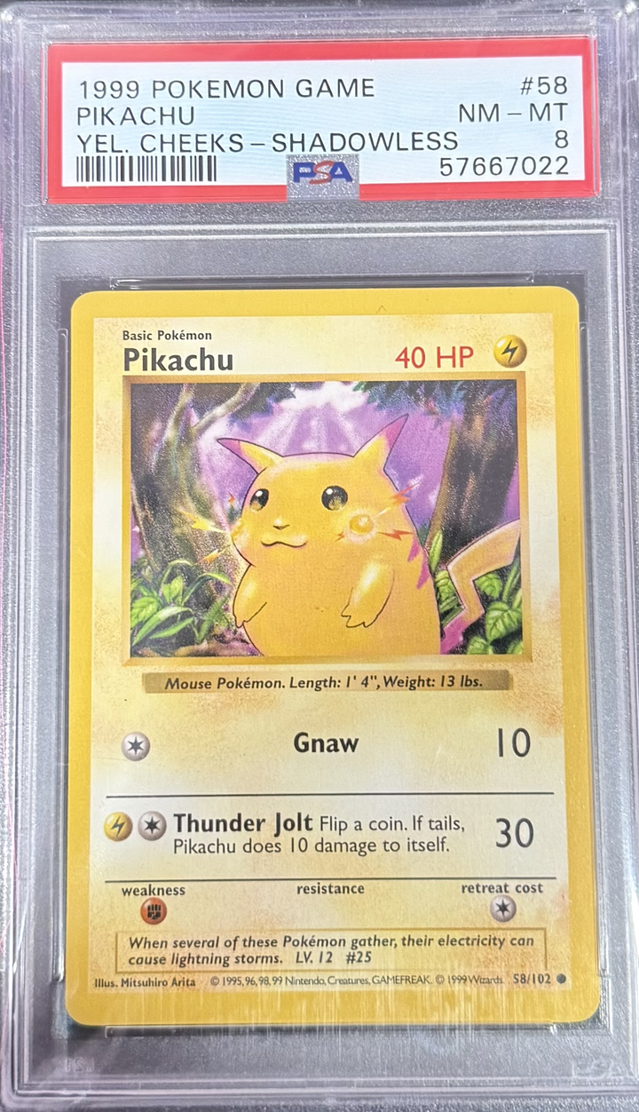 Pikachu Yellow Cheeks Shadowless #58 Base Set - 1999 Pokemon - PSA 8