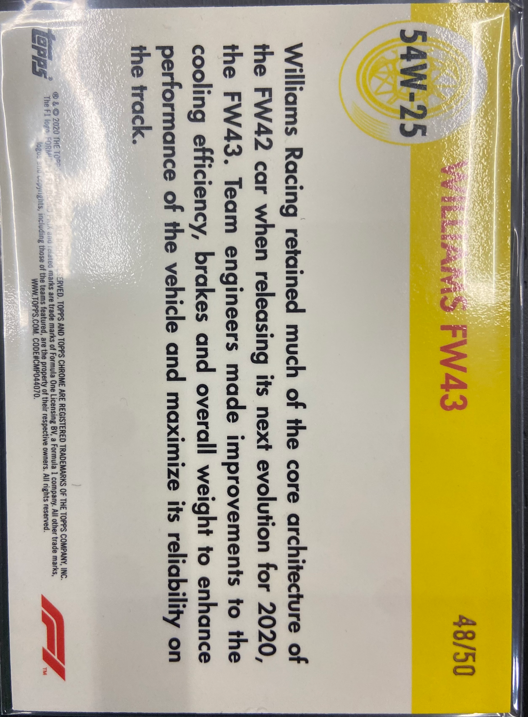 2020 Topps Chrome Formula 1 Gold Refractor /50 Williams FW43 #54W-25