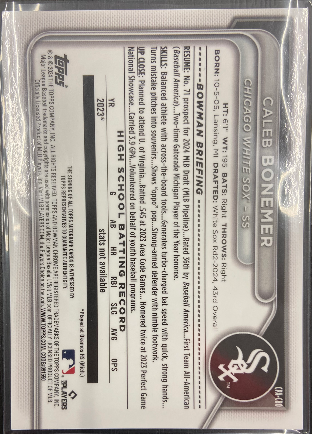 2024 Bowman Draft - Caleb Bonemer Chrome Auto 1st Prospect #CPA-CBO White Sox RC