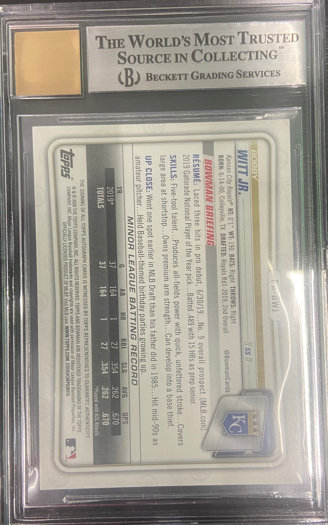 2020 Bowman Chrome Bobby Witt Jr 1st Bowman Blue 044/150 BGS 9 AUTO 10