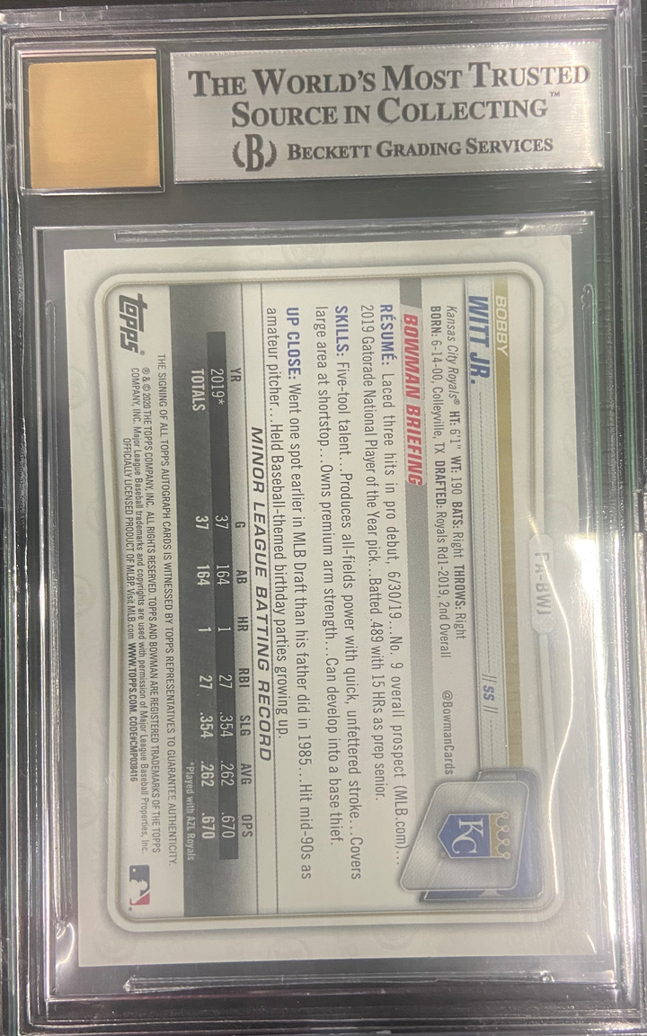 2020 Bowman Chrome Bobby Witt Jr 1st Bowman Blue 044/150 BGS 9 AUTO 10