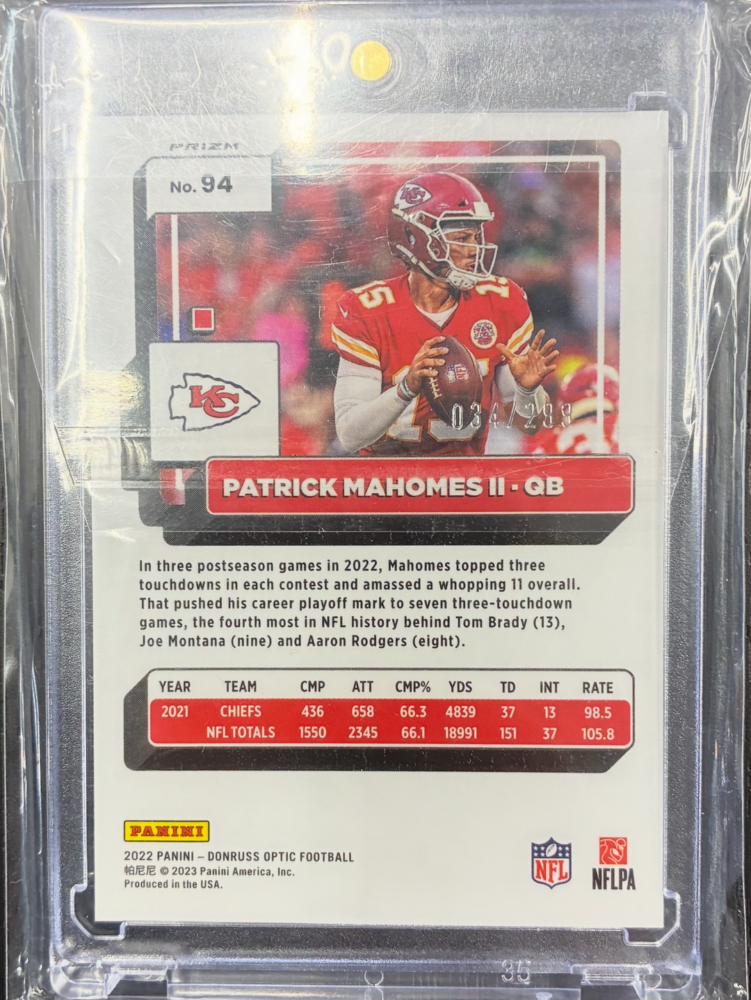 2022 Panini Donruss Optic Patrick Mahomes II #94 Teal Prizm 034/299