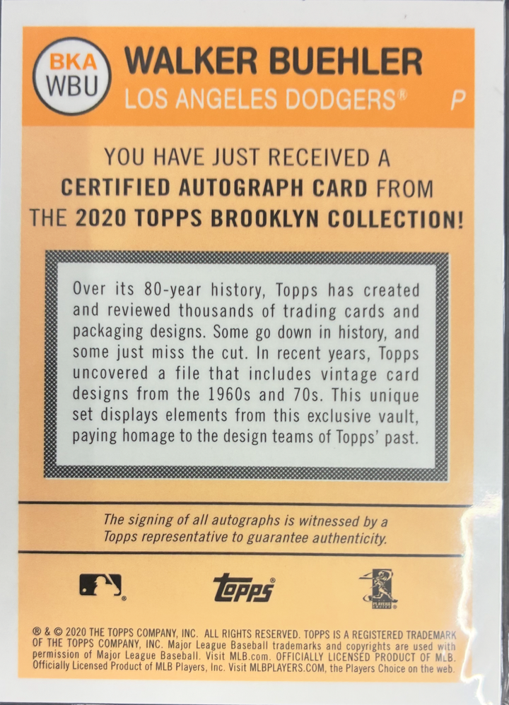 2020 Topps Brooklyn Collection Baseball - Walker Buehler Autograph Orange Parallel 01/20