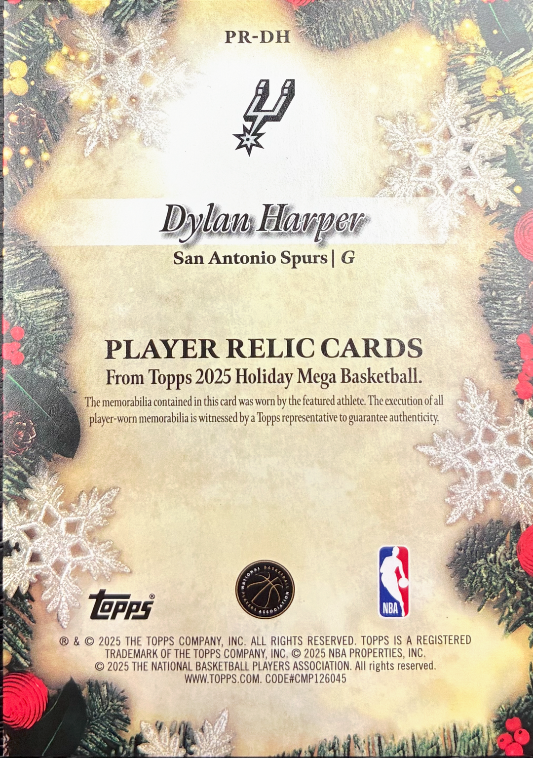 2025-26 Topps Holiday Basketball - Dylan Harper #PR - DH - Rookie Relic Card