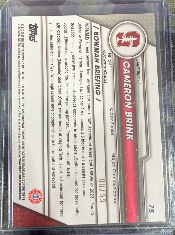 2024 Bowman University Chrome Basketball - Cameron Brink #75 - 1st Bowman Green Parallel 08/99