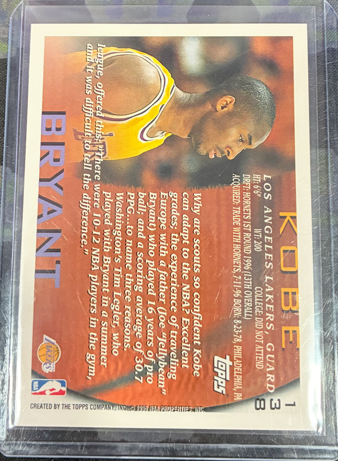 1996-97 Topps Basketball- Kobe Bryant #138 -  Rookie Card