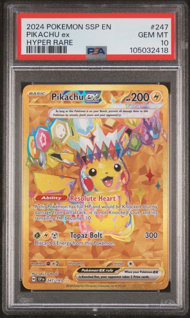Pikachu ex 247/191 Hyper Rare Surging Sparks - 2024 Pokemon - PSA 10