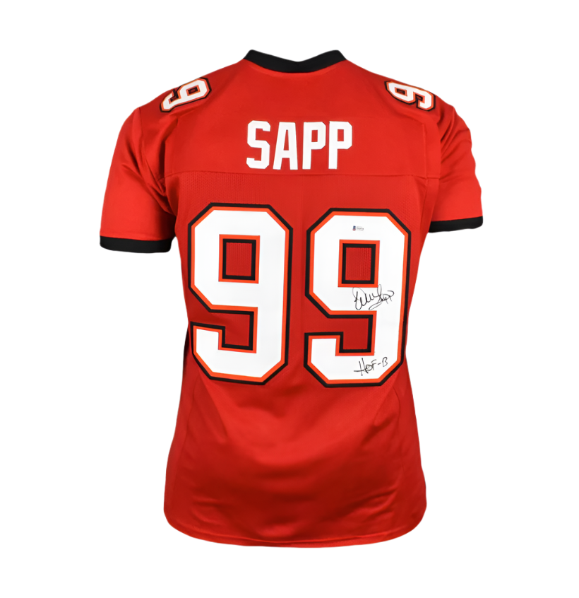 Warren Sapp Signed HOF 13 Inscription Tampa Bay Red Football Jersey (Beckett)