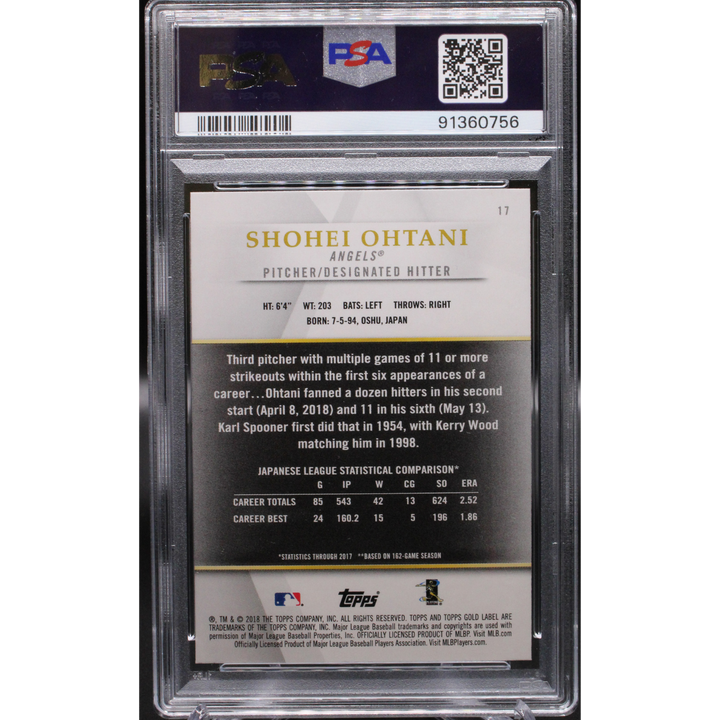 2018 Topps Gold Label - Shohei Ohtani 17 - Class 2 - PSA 10