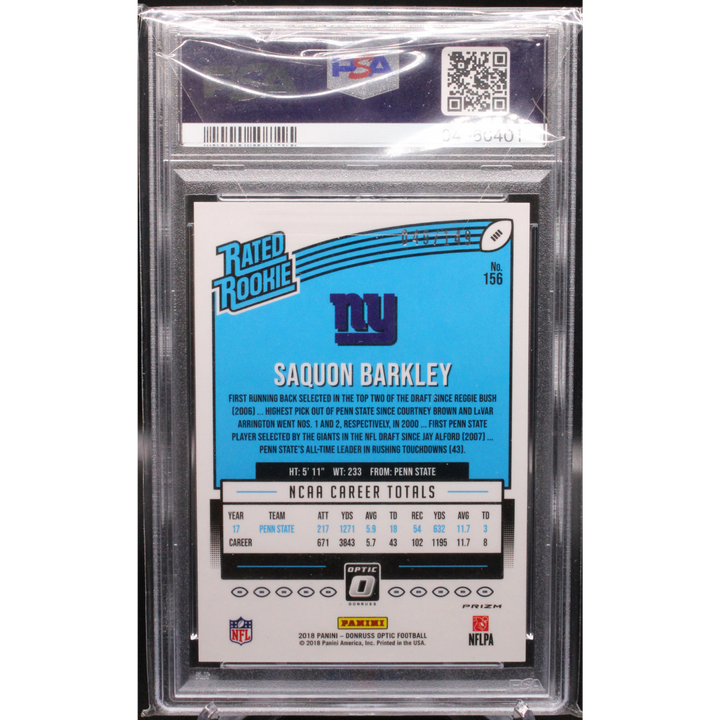 2018 Panini Donruss Optic Football - Saquon Barkley 156 - Rated Rookie Blue /149 - PSA 10